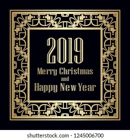 Art deco border and frame. Merry Christmas and Happy New Year greeting card. 2019 year. Creative template in style of 1920s for your design. Vector illustration. EPS 10