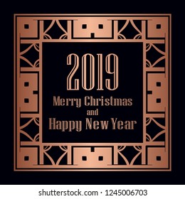 Art deco border and frame. Merry Christmas and Happy New Year greeting card. 2019 year. Creative template in style of 1920s for your design. Vector illustration. EPS 10