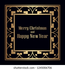 Art deco border and frame. Merry Christmas and Happy New Year greeting card. 2019 year. Creative template in style of 1920s for your design. Vector illustration. EPS 10