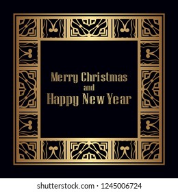 Art deco border and frame. Merry Christmas and Happy New Year greeting card. 2019 year. Creative template in style of 1920s for your design. Vector illustration. EPS 10