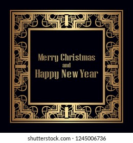 Art deco border and frame. Merry Christmas and Happy New Year greeting card. 2019 year. Creative template in style of 1920s for your design. Vector illustration. EPS 10