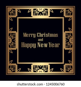 Art deco border and frame. Merry Christmas and Happy New Year greeting card. 2019 year. Creative template in style of 1920s for your design. Vector illustration. EPS 10