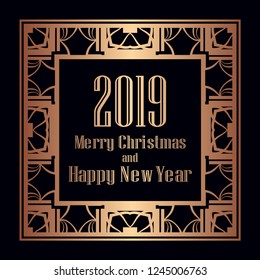 Art deco border and frame. Merry Christmas and Happy New Year greeting card. 2019 year. Creative template in style of 1920s for your design. Vector illustration. EPS 10