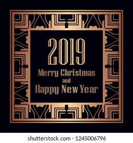 Art deco border and frame. Merry Christmas and Happy New Year greeting card. 2019 year. Creative template in style of 1920s for your design. Vector illustration. EPS 10