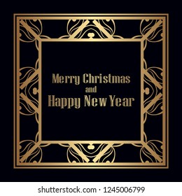 Art deco border and frame. Merry Christmas and Happy New Year greeting card. 2019 year. Creative template in style of 1920s for your design. Vector illustration. EPS 10