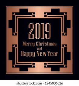 Art deco border and frame. Merry Christmas and Happy New Year greeting card. 2019 year. Creative template in style of 1920s for your design. Vector illustration. EPS 10