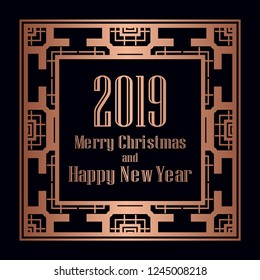 Art deco border and frame. Merry Christmas and Happy New Year greeting card. 2019 year. Creative template in style of 1920s for your design. Vector illustration. EPS 10