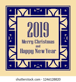 Art deco border and frame. Merry Christmas and Happy New Year greeting card. 2019 year. Creative template in style of 1920s for your design. Vector illustration. EPS 10