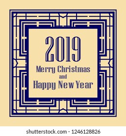 Art deco border and frame. Merry Christmas and Happy New Year greeting card. 2019 year. Creative template in style of 1920s for your design. Vector illustration. EPS 10