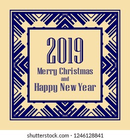 Art deco border and frame. Merry Christmas and Happy New Year greeting card. 2019 year. Creative template in style of 1920s for your design. Vector illustration. EPS 10