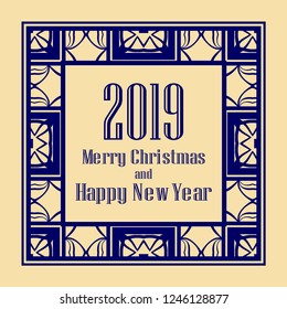 Art deco border and frame. Merry Christmas and Happy New Year greeting card. 2019 year. Creative template in style of 1920s for your design. Vector illustration. EPS 10