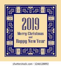 Art deco border and frame. Merry Christmas and Happy New Year greeting card. 2019 year. Creative template in style of 1920s for your design. Vector illustration. EPS 10