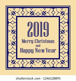 Art deco border and frame. Merry Christmas and Happy New Year greeting card. 2019 year. Creative template in style of 1920s for your design. Vector illustration. EPS 10