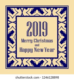 Art deco border and frame. Merry Christmas and Happy New Year greeting card. 2019 year. Creative template in style of 1920s for your design. Vector illustration. EPS 10
