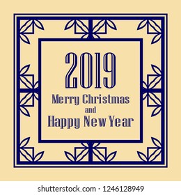 Art deco border and frame. Merry Christmas and Happy New Year greeting card. 2019 year. Creative template in style of 1920s for your design. Vector illustration. EPS 10
