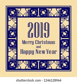 Art deco border and frame. Merry Christmas and Happy New Year greeting card. 2019 year. Creative template in style of 1920s for your design. Vector illustration. EPS 10