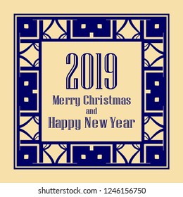Art deco border and frame. Merry Christmas and Happy New Year greeting card. 2019 year. Creative template in style of 1920s for your design. Vector illustration. EPS 10