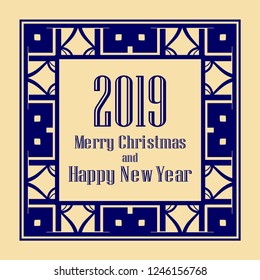 Art deco border and frame. Merry Christmas and Happy New Year greeting card. 2019 year. Creative template in style of 1920s for your design. Vector illustration. EPS 10