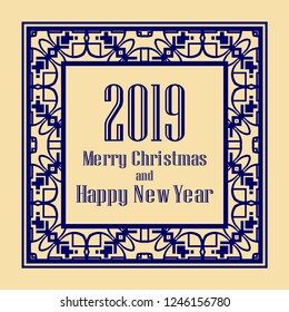 Art deco border and frame. Merry Christmas and Happy New Year greeting card. 2019 year. Creative template in style of 1920s for your design. Vector illustration. EPS 10