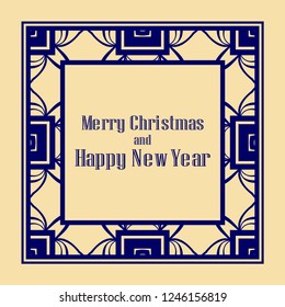Art deco border and frame. Merry Christmas and Happy New Year greeting card. 2019 year. Creative template in style of 1920s for your design. Vector illustration. EPS 10
