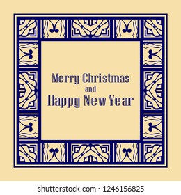 Art deco border and frame. Merry Christmas and Happy New Year greeting card. 2019 year. Creative template in style of 1920s for your design. Vector illustration. EPS 10