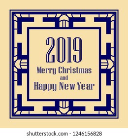 Art deco border and frame. Merry Christmas and Happy New Year greeting card. 2019 year. Creative template in style of 1920s for your design. Vector illustration. EPS 10