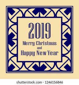 Art deco border and frame. Merry Christmas and Happy New Year greeting card. 2019 year. Creative template in style of 1920s for your design. Vector illustration. EPS 10