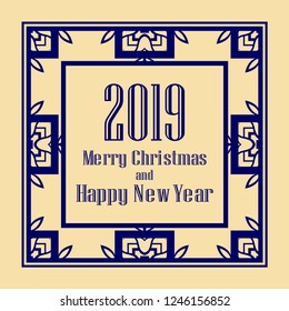 Art deco border and frame. Merry Christmas and Happy New Year greeting card. 2019 year. Creative template in style of 1920s for your design. Vector illustration. EPS 10