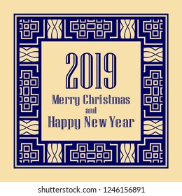 Art deco border and frame. Merry Christmas and Happy New Year greeting card. 2019 year. Creative template in style of 1920s for your design. Vector illustration. EPS 10