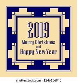 Art deco border and frame. Merry Christmas and Happy New Year greeting card. 2019 year. Creative template in style of 1920s for your design. Vector illustration. EPS 10