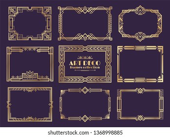 Art deco borders. 1920s golden frames, nouveau fancy decorative elements for vintage posters. Vector art deco ornament framed design set