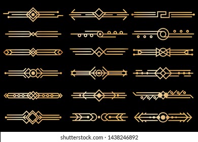 Art deco borders. Gold deco design dividers, book header ornament patterns. 1920s and 30s vintage luxury elements. Vector isolated set of style illustration lines for artdeco frame