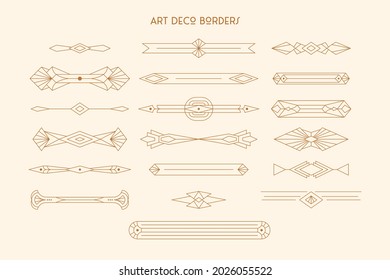 Art Deco Borders Set in Trendy Minimal Liner Style. Vector Elements, Dividers in 1920s Style for Decoration Postcard, Posters, Web Design, Creating Logo and Patterns