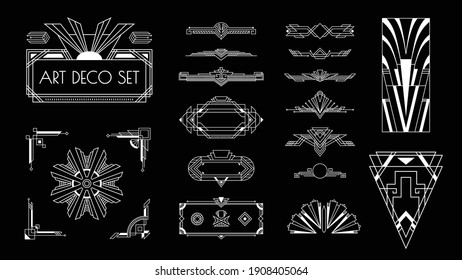 Art deco bright white vintage style decorative elements frames sunrise motifs set black background isolated vector illustration