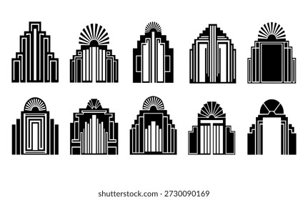 Art Deco building facade icons, geometric design elements, vintage architecture symbols, 1920s style, black and white