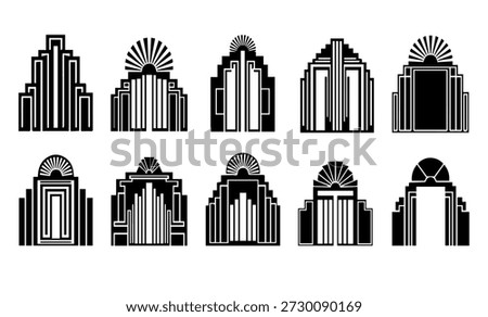 Art Deco building facade icons, geometric design elements, vintage architecture symbols, 1920s style, black and white