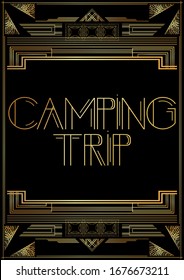 Texto de viaje de camping art decó. Tarjeta de felicitación decorativa de oro, cartel con letras antiguas.