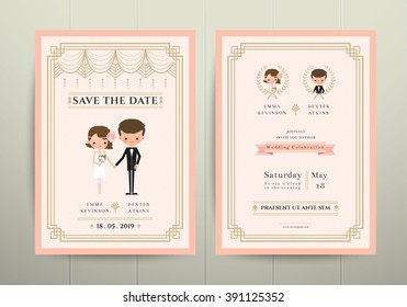 Art Deco Cartoon Couple Wedding Invitation Card On Wood Background