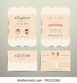 Art Deco Cartoon Couple Wedding Invitation Card And RSVP Set On Wood Background