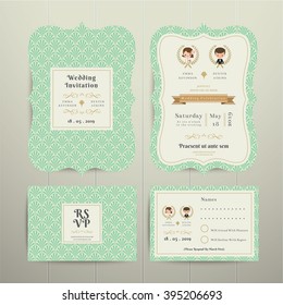 Art Deco Cartoon Couple Wedding Invitation Card RSVP Set Gold And Green On Wood Background