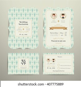 Art Deco Cartoon Couple Wedding Invitation Card RSVP Set Mint and Gold on wood background