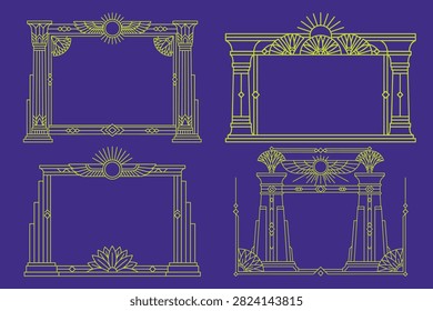 Art deco cathedral column frame set of 4, fluted-column gold vector borders with sunburst architrave on purple, for grand invitations.
