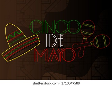 Art Deco Cinco De Mayo - USA (May 5) text. Decorative greeting card, sign with vintage letters.