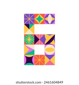 Art Deco Circus Number 6. Vector Illustration of the Mulicolored Geometrical Math Sign Six Isolated over White Background. 