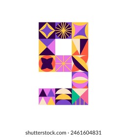 Art Deco Zirkus Nummer 9. Vektorillustration des mehrfarbigen geometrischen Mathematikzeichens Nine isoliert über weißem Hintergrund. 