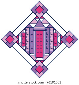 Art Deco City Design #2  Geometric illustration of a cityscape in bright colors. Colors are grouped for easy editing.