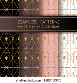 Art deco classic seamless patterns set vector graphic design with rhombus shapes and thin gold lines grid. Luxurious fashion prints. Gold black brown pink white art deco seamless patterns collection.