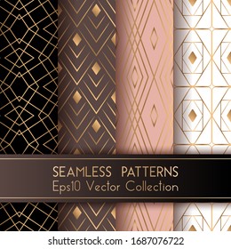 Art deco classic seamless patterns set vector graphic design with rhombus shapes and thin gold lines grid. Luxurious fashion prints. Gold black brown pink white art deco seamless patterns collection.