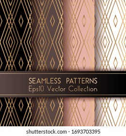 Art deco classic seamless patterns set vector graphic design with rhombus shapes and thin gold lines grid. Luxurious fashion prints. Gold black brown pink white art deco seamless patterns collection.