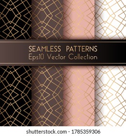 Art deco classic seamless patterns set vector graphic design with rhombus shapes and thin gold lines grid. Luxurious fashion prints. Gold black brown pink white art deco seamless patterns collection.
